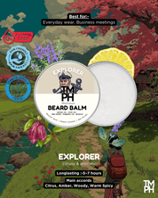 Advertisement for TM PH Explorer Beard Balm with nature-themed background and product packaging.