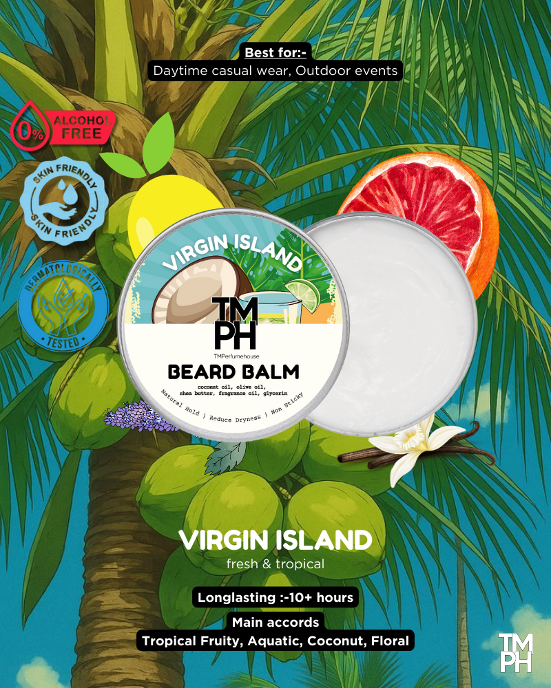 Beard balm packaging with tropical fruit illustration on a vibrant background