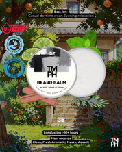 Beard balm packaging with garden scene and product details