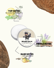 Beard balm container with botanical illustrations and notes on a white background