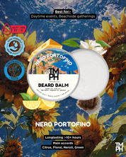 Beard balm container with floral and beach background