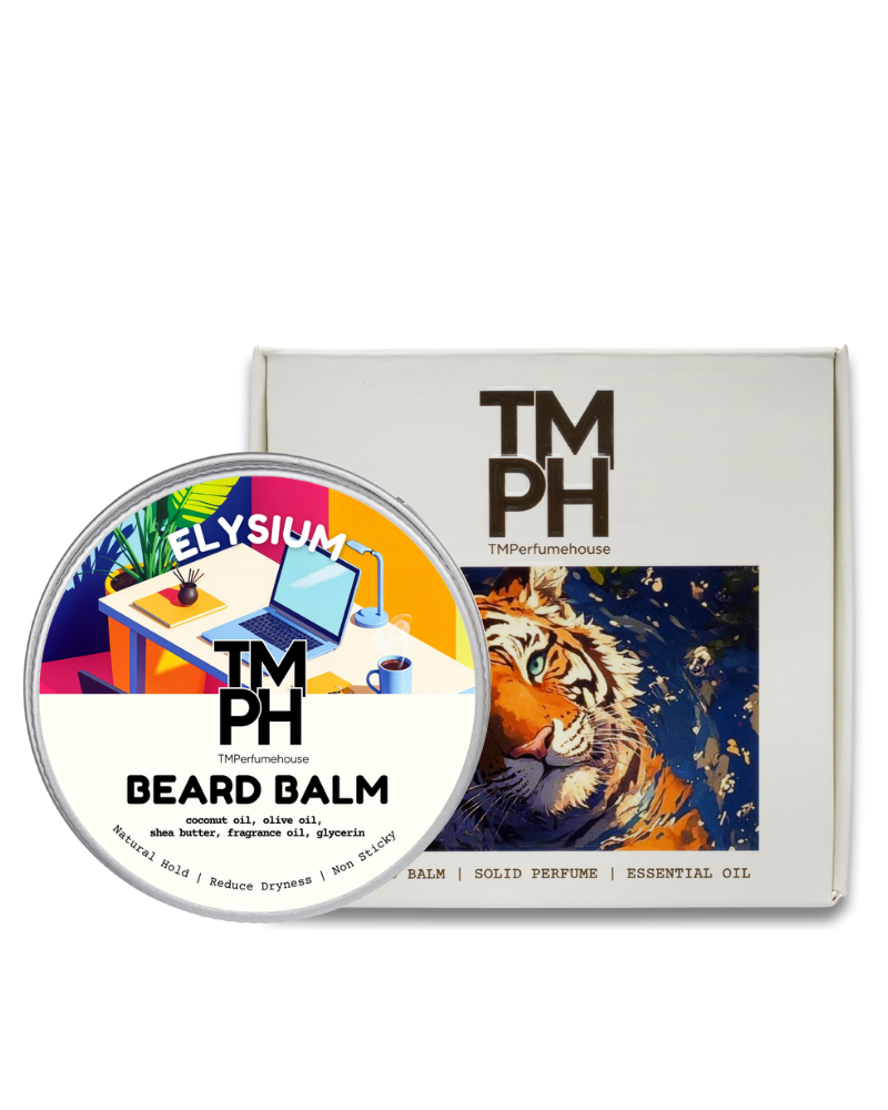 TM PH beard balm container with packaging featuring a tiger illustration on a white background