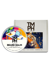 TM PH beard balm container with packaging featuring a tiger illustration on a white background