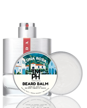 Beard balm packaging with label featuring a scenic design on a white background