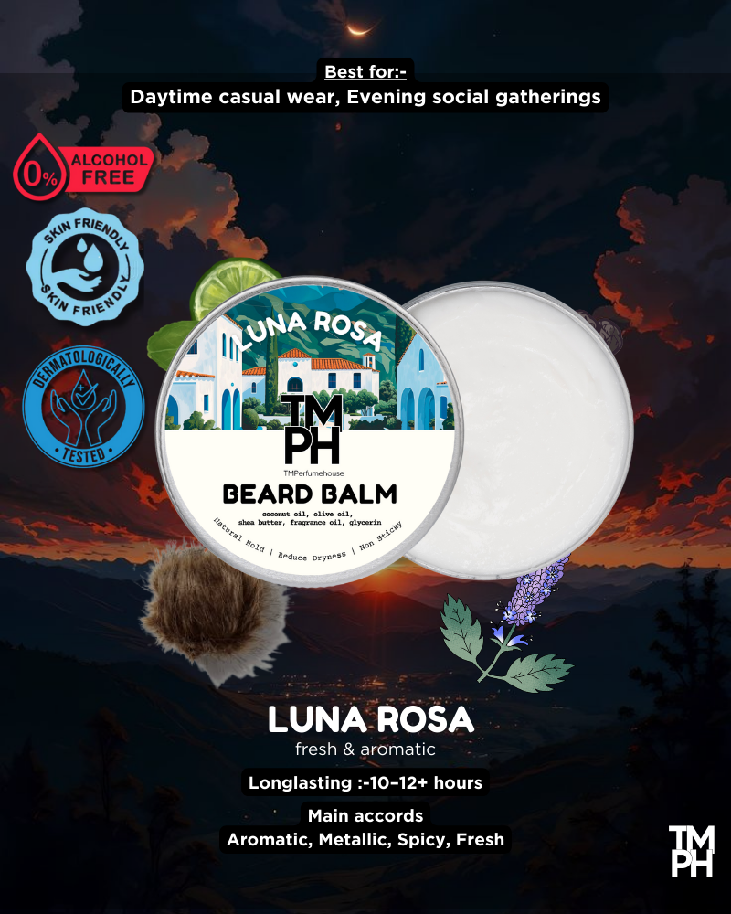 Beard balm container with branding and product details against a scenic background