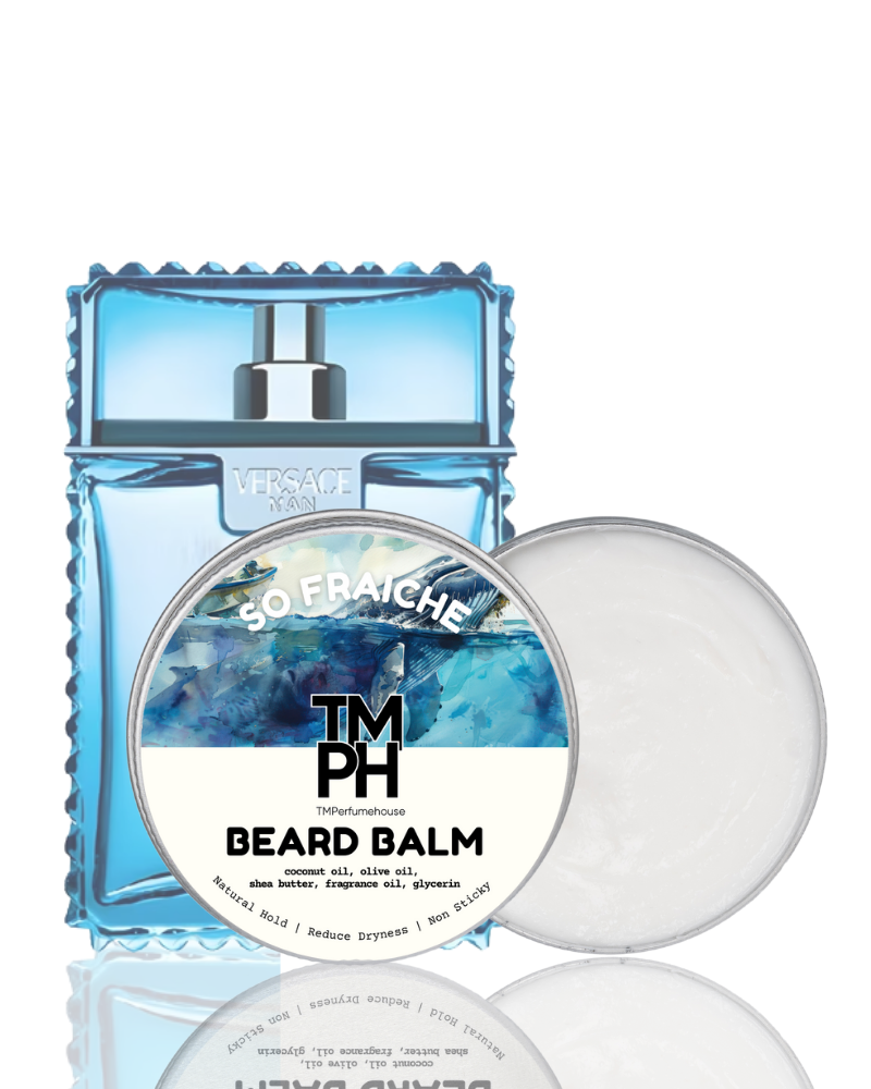 TM PH beard balm packaging with blue and white design on a white background