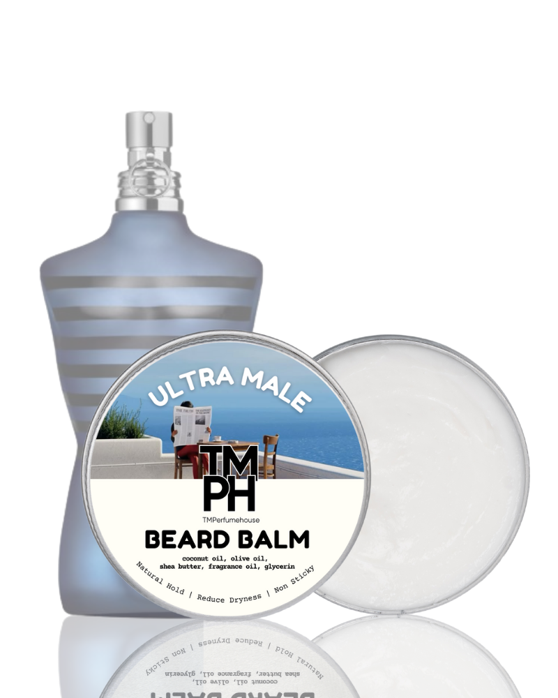 Ultra Male TM PH beard balm with a bottle on a white background