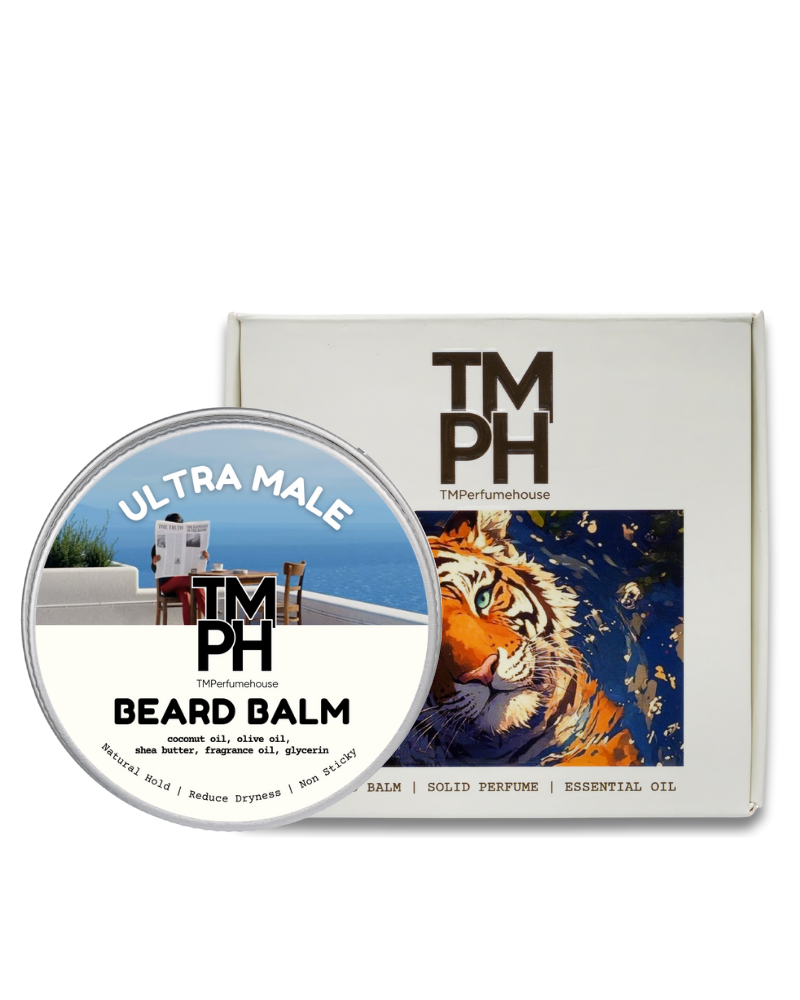 TM PH Ultra Male Beard Balm container with packaging featuring a tiger illustration on a white background