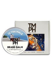 TM PH Ultra Male Beard Balm container with packaging featuring a tiger illustration on a white background