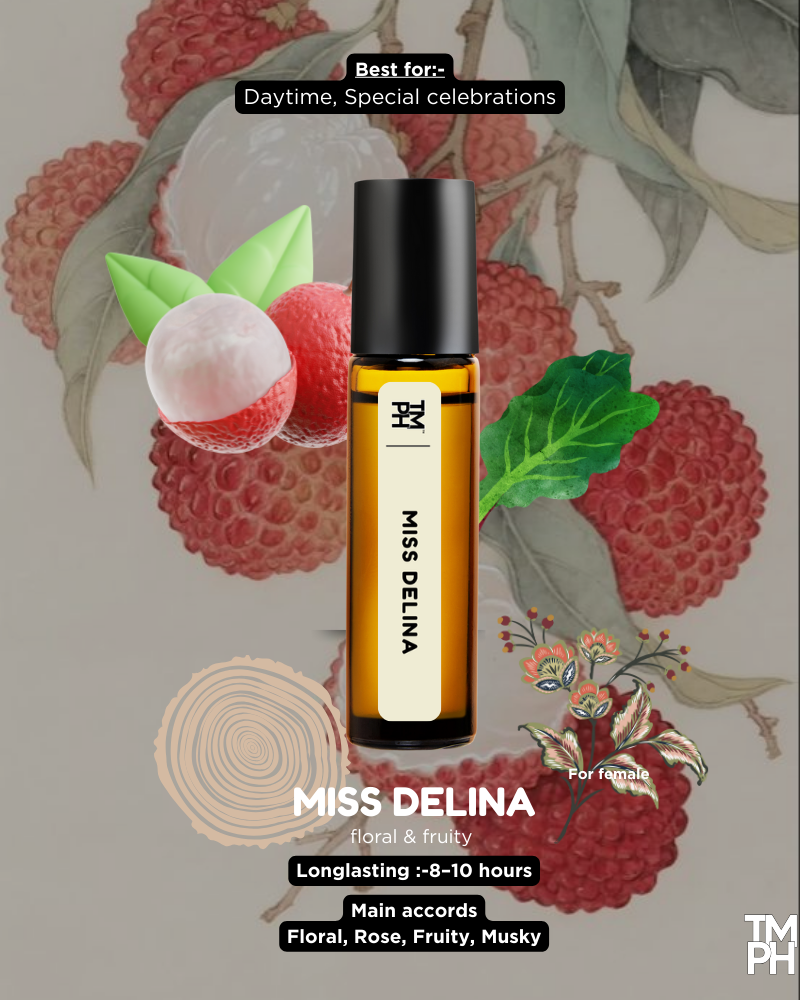 Miss Delina perfume bottle with floral and fruit design on a gray background