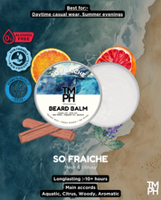 TM PH Beard Balm packaging with citrus slices and natural elements on a textured background