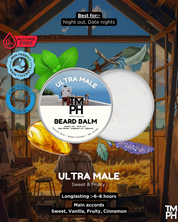 Beard balm packaging with artistic background and product details.