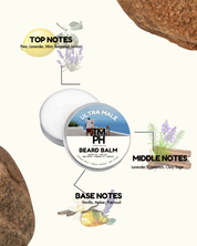 Beard balm container with notes on top, middle, and base notes on a white background.