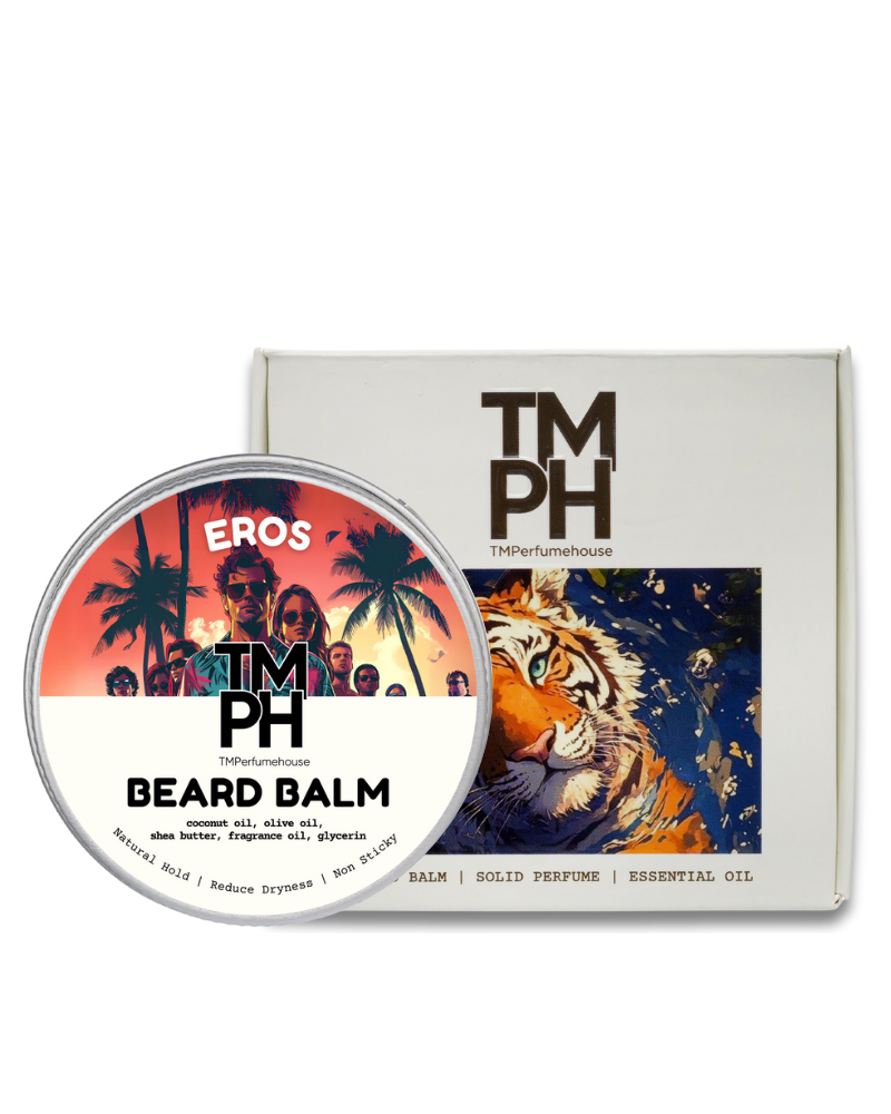 Beard balm container with 'TM PH' branding and a tiger design on the packaging.