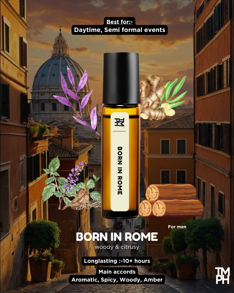 Perfume bottle labeled 'Born in Rome' with cityscape background