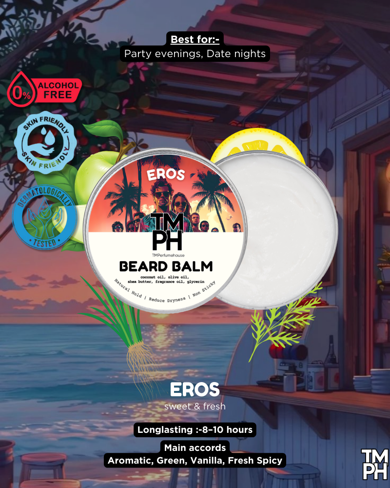 Beard balm packaging with tropical scene design on a beach hut background