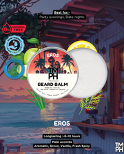 Beard balm packaging with tropical scene design on a beach hut background