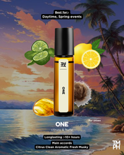 Roll-on bottle with citrus elements against a tropical sunset background