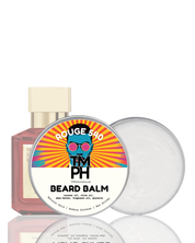 Beard balm container with colorful label featuring a cartoon character, surrounded by other grooming products on a white background.