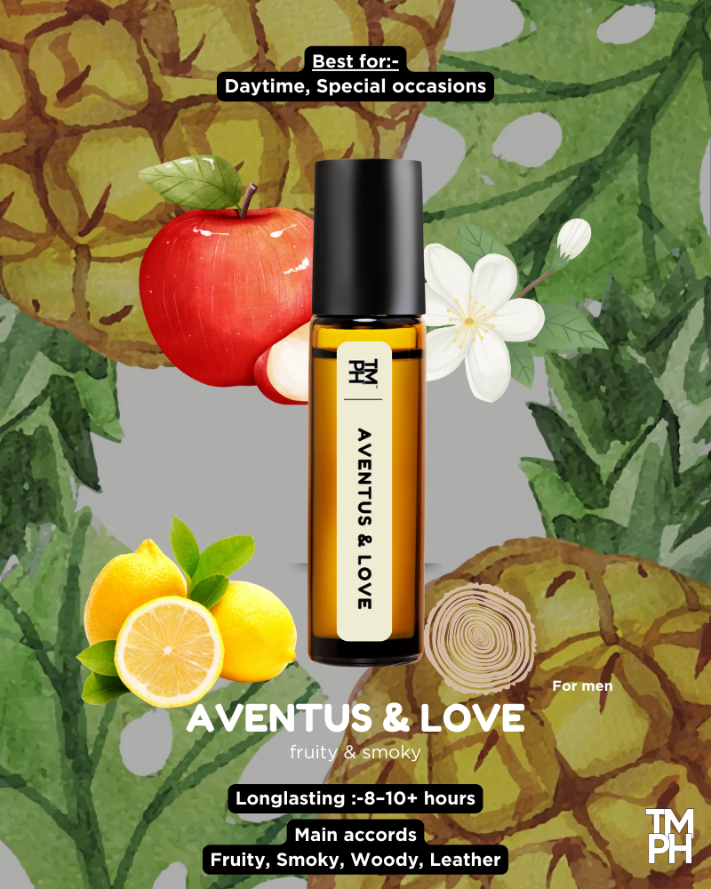 Aventus & Love perfume bottle with fruits and leaves on a green background