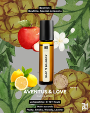Aventus & Love perfume bottle with fruits and leaves on a green background