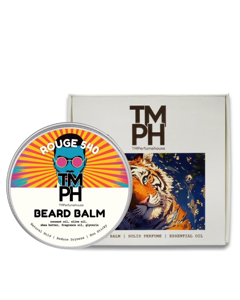 Beard balm container with colorful label and packaging featuring a tiger design.
