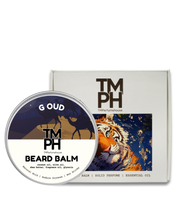 TM PH beard balm container with tiger design on a white background