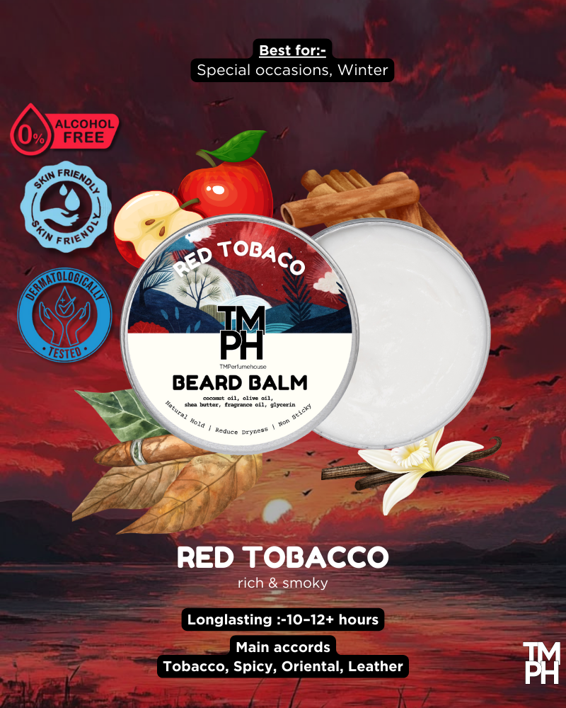 Beard balm packaging with red tobacco flavor on a scenic background