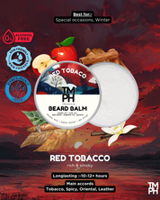 Beard balm packaging with red tobacco flavor on a scenic background