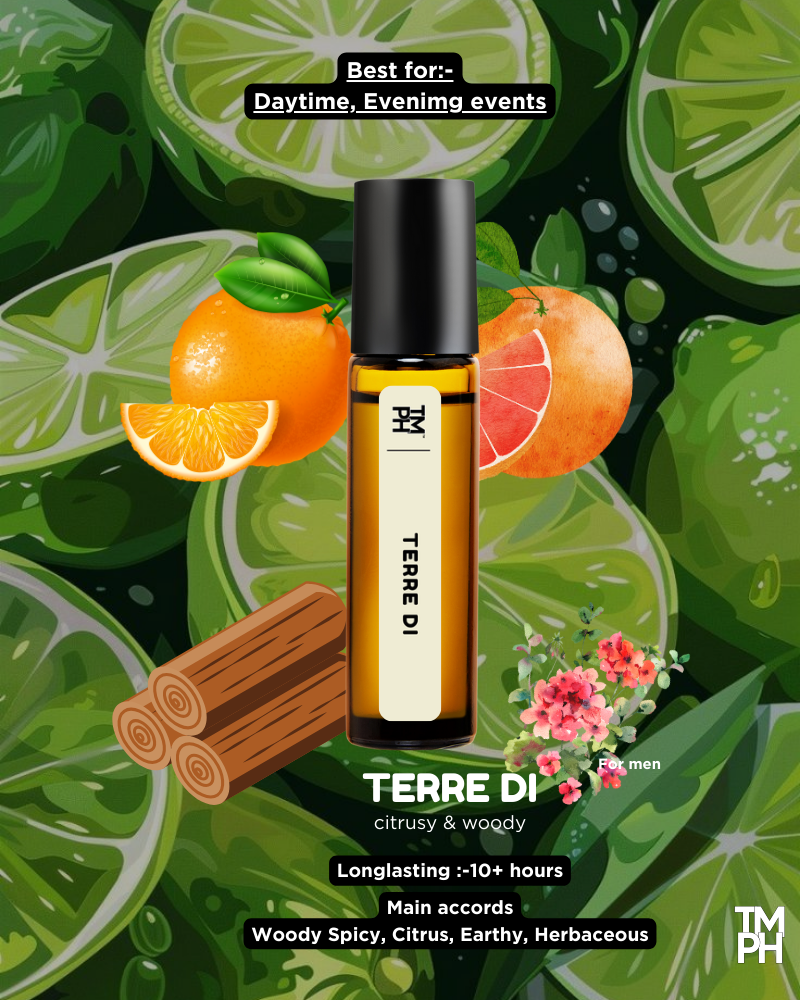 Terre Di perfume bottle with citrus fruits and cinnamon on a green background