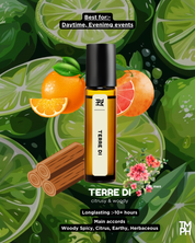 Terre Di perfume bottle with citrus fruits and cinnamon on a green background