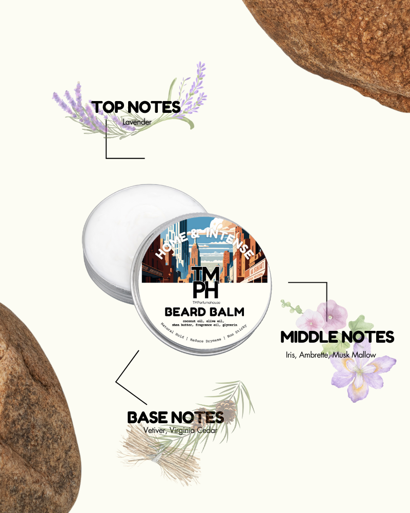 Beard balm container with notes on top, middle, and base notes on a white background