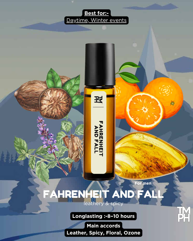 Roll-on bottle labeled 'Fahrenheit and Fall' with natural elements like oranges, nuts, and flowers on a mountainous background.