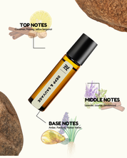 Roll-on bottle with notes on top, middle, and base of a fragrance, surrounded by natural elements.