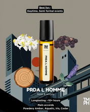 PRDA L HOMME perfume bottle with floral and woody elements on a gray background