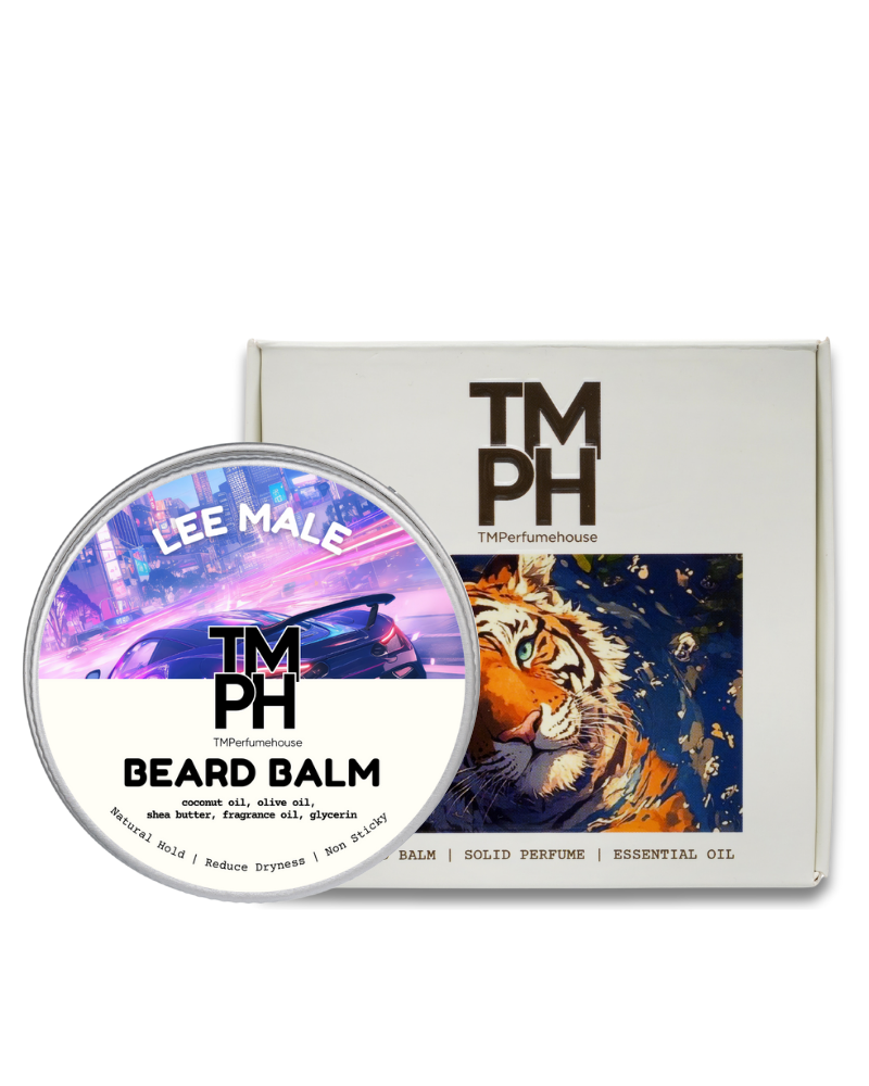TM PH beard balm container with tiger design on a white background