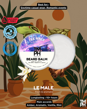 Beard balm container with branding and product details on a nature-themed background