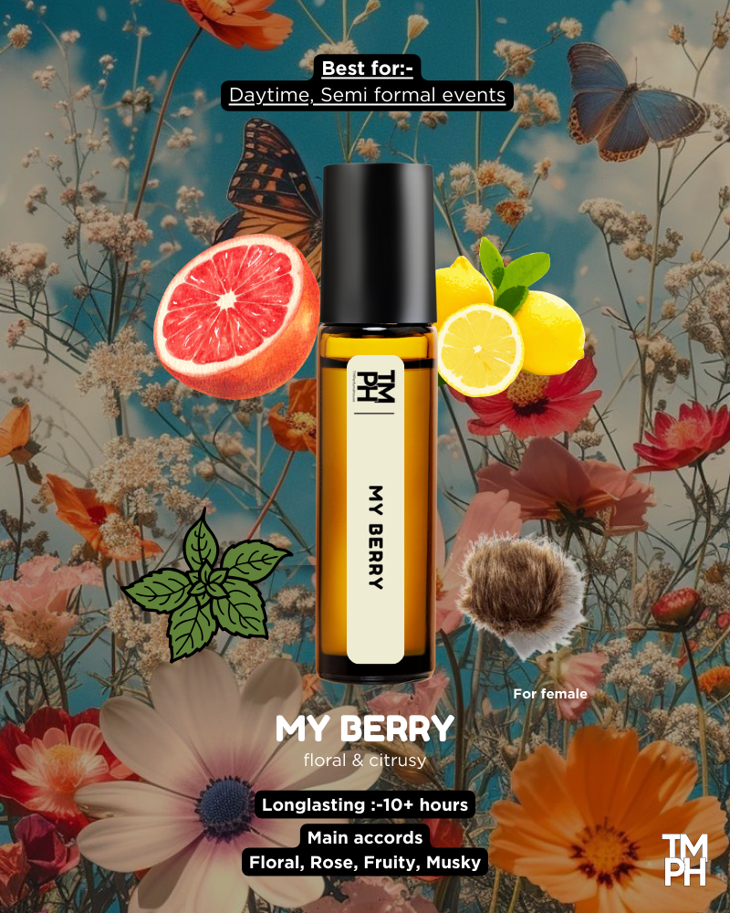 Perfume bottle labeled 'My Berry' with floral and butterfly background