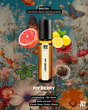 Perfume bottle labeled 'My Berry' with floral and butterfly background