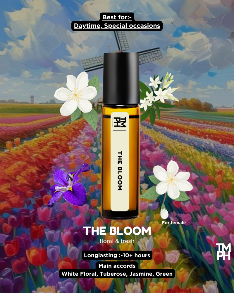 Product bottle labeled 'The Bloom' with a colorful floral background