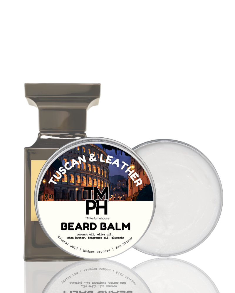 Beard balm packaging with 'Tuscan & Leather' scent on a white background