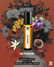 Dr Poison perfume bottle surrounded by flowers on a decorative background
