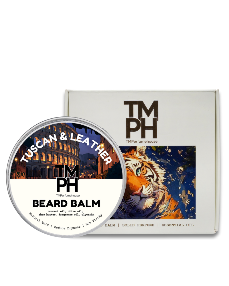 TM PH beard balm tin with packaging featuring a tiger illustration on a white background