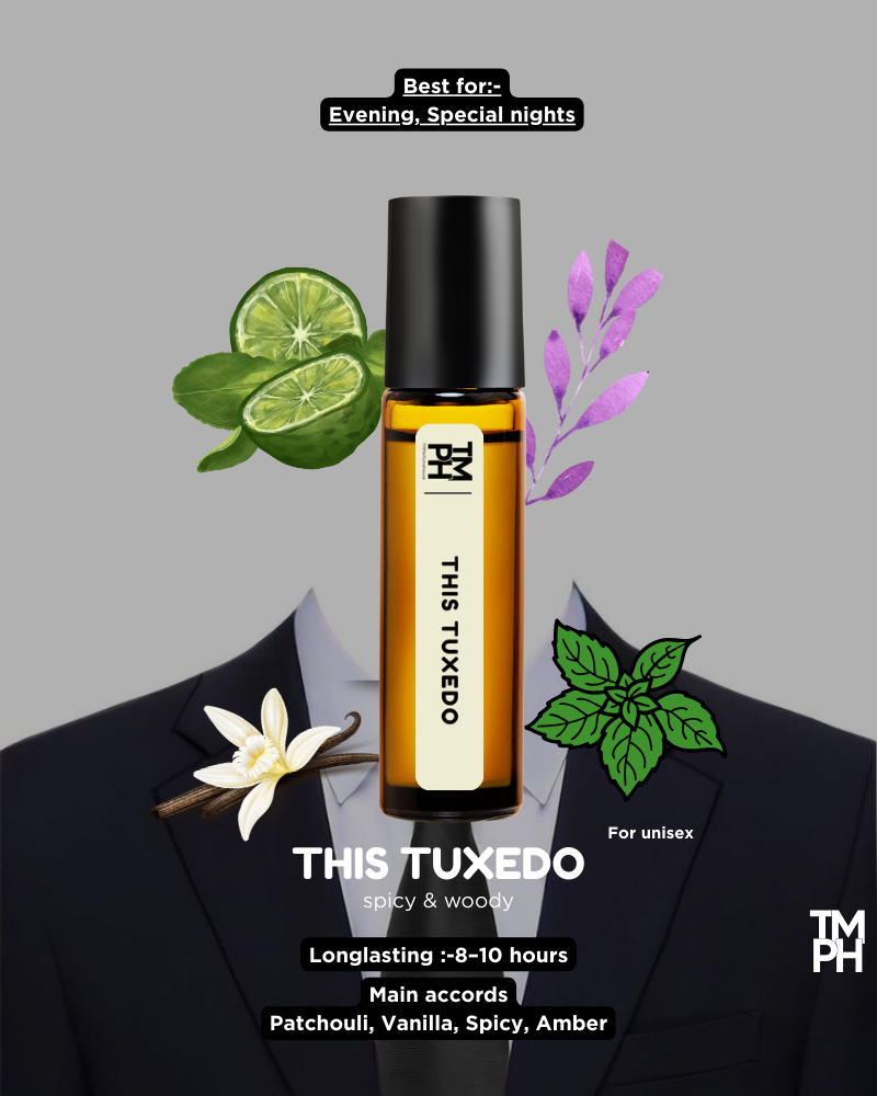 Roll-on bottle of 'This Tuxedo' with decorative elements on a gray background