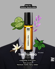 Roll-on bottle of 'This Tuxedo' with decorative elements on a gray background