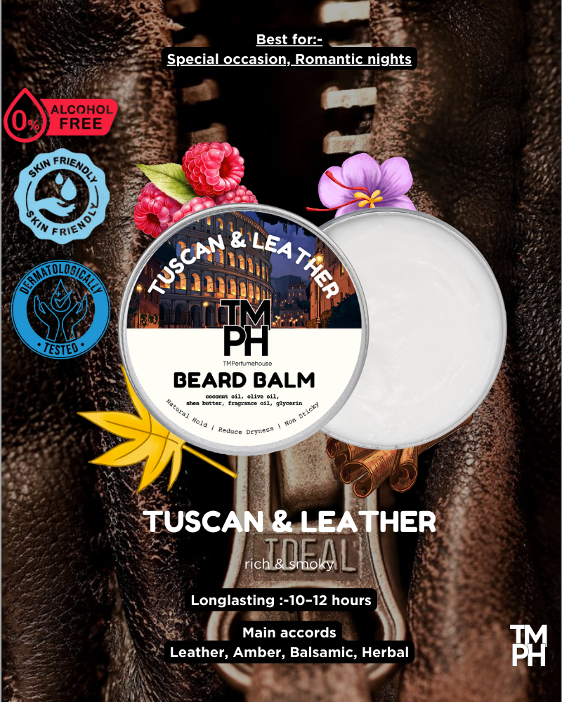 Beard balm packaging with branding and product details on a textured background