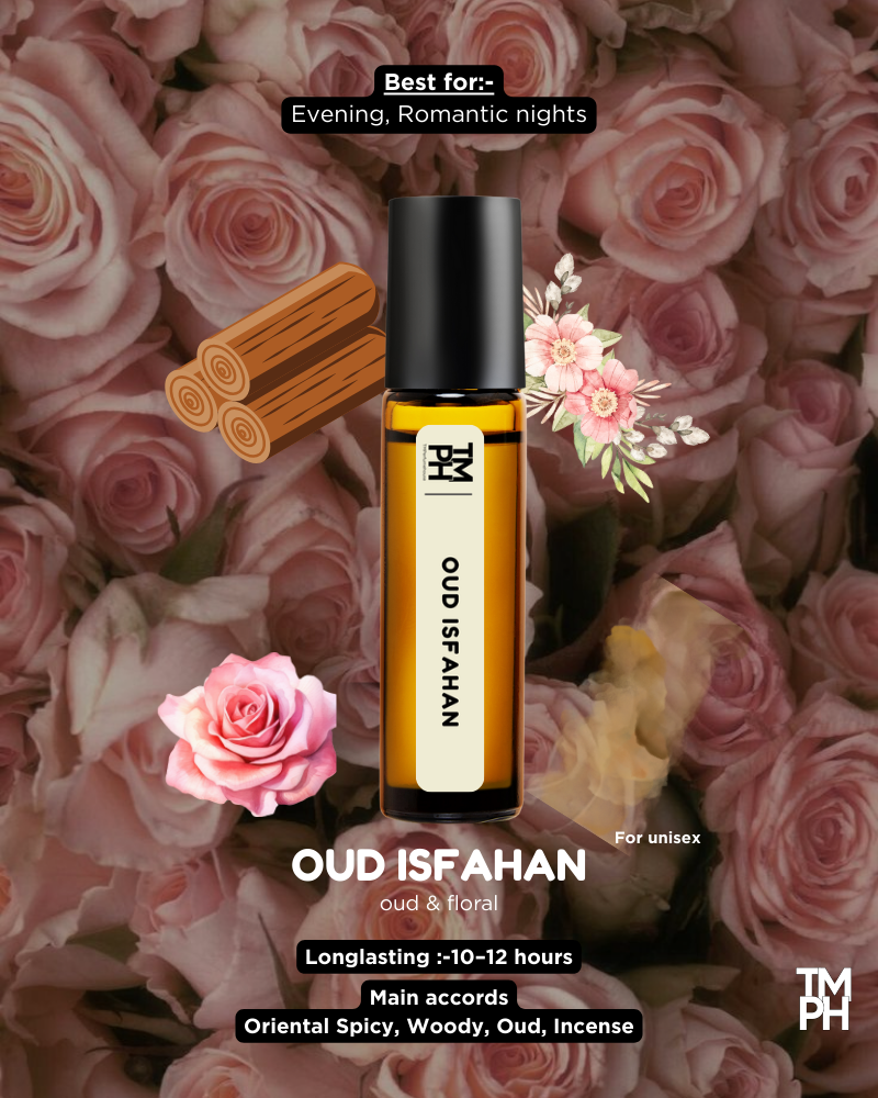 Oud Isfahan rollerball with roses and cinnamon sticks on a floral background