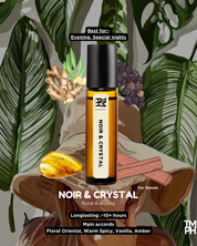 Noir & Crystal perfume bottle with botanical elements and leafy background