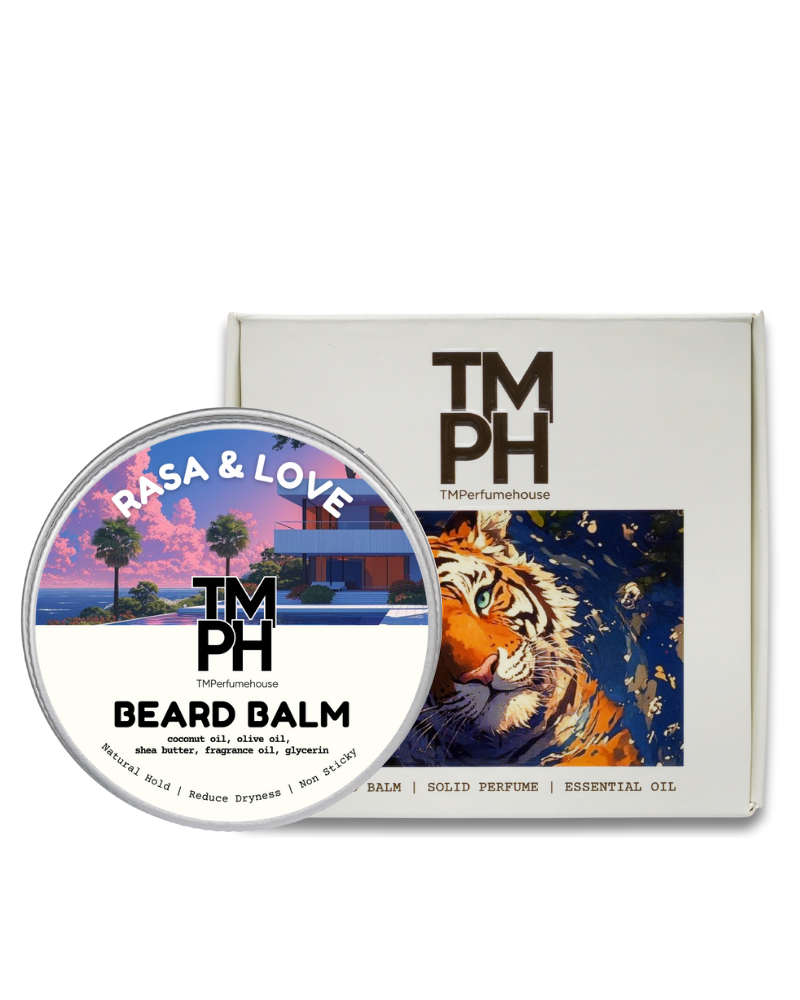 TM PH beard balm container with packaging featuring a tiger illustration on a white background