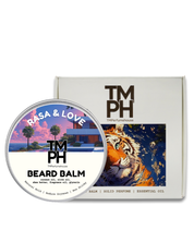 TM PH beard balm container with packaging featuring a tiger illustration on a white background
